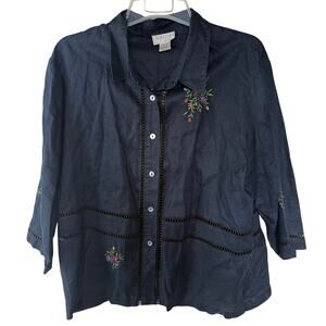 Jordan Woman black linen, 3/4 sleeve blouse floral embroidery Size 1X